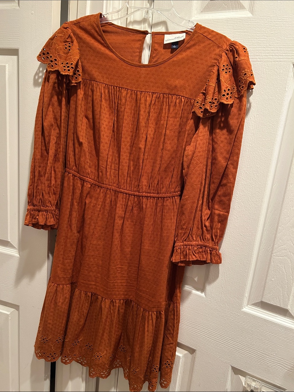 Women’s Long-Sleeve Eyelet Ruffle Dress - Rust